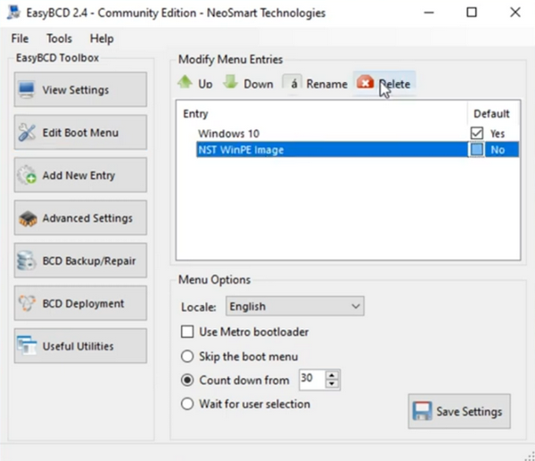 Delete the created entry using EasyBCD